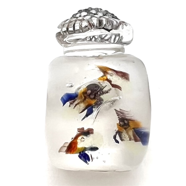Mary Gaumonds glass studio button of jar of uranium glass lightning bugs.