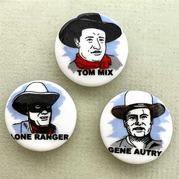 Three Birchcroft china buttons of film star cowboys. 