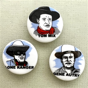 Three Birchcroft china buttons of film star cowboys. 