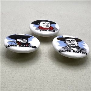 Three Birchcroft china buttons of film star cowboys. 