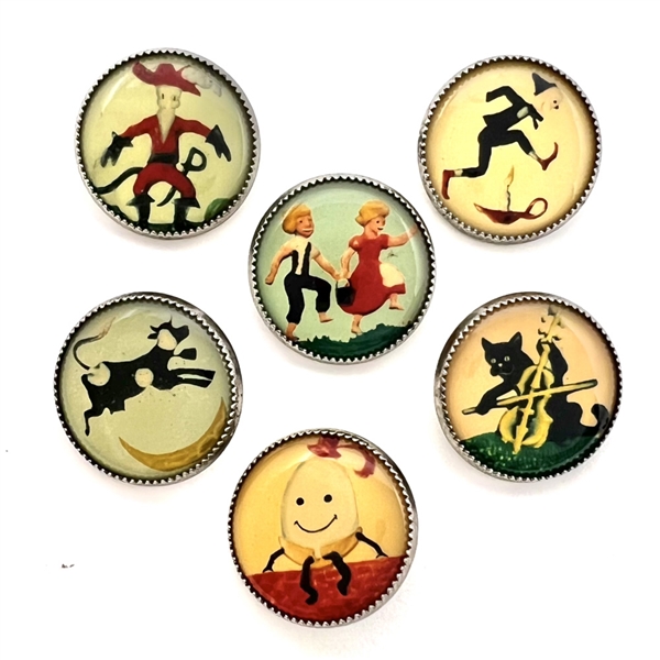 Six paper under plastic set in metal nursery rhyme buttons. 