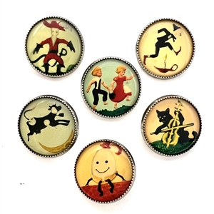 Six paper under plastic set in metal nursery rhyme buttons. 
