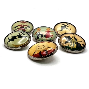 Six paper under plastic set in metal nursery rhyme buttons. 