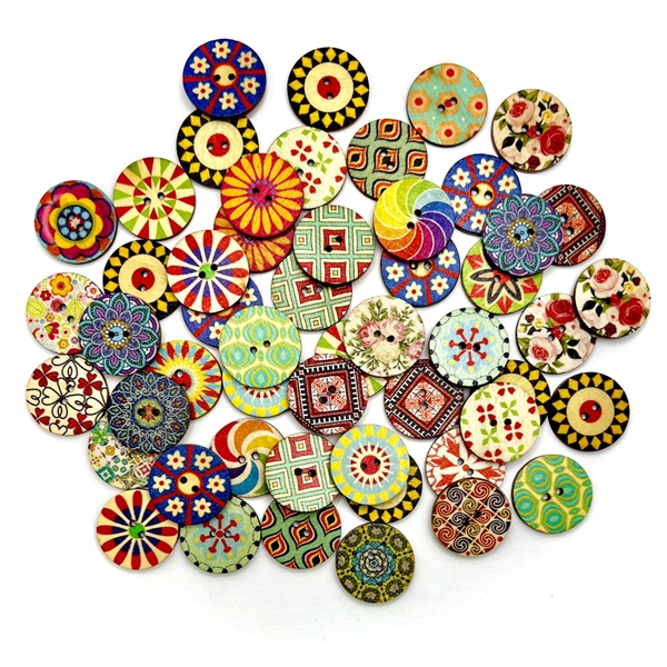 Fifty two assorted printed pattern bamboo (?) buttons. 
