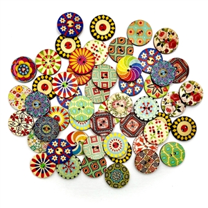 Fifty two assorted printed pattern bamboo (?) buttons. 