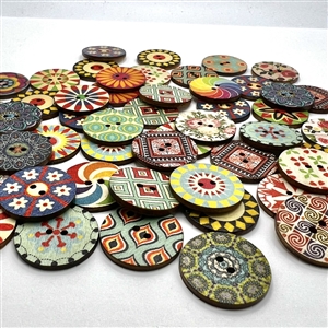 Fifty two assorted printed pattern bamboo (?) buttons. 