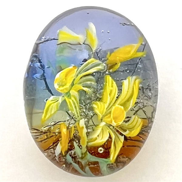 March daffodil glass studio button by Mary Gaumond.