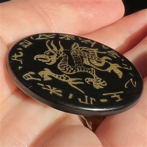 Celluloid (?) button of a dragon with Asian characters.