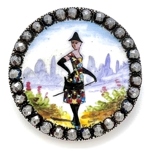 Div I. Enamel button of “Columbine" from La Commedia dellArte. 