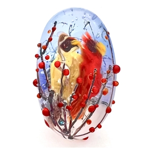 Male and female cardinals - glass studio button by Mary Gaumond.