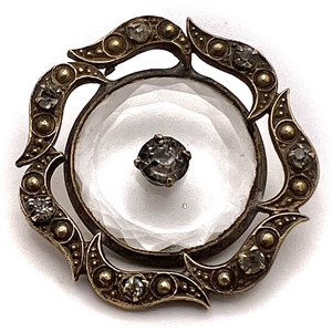 Lovely Div I. faceted clear glass in metal button with paste pin shank.