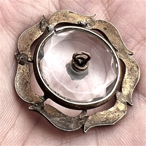 Lovely Div I. faceted clear glass in metal button with paste pin shank.