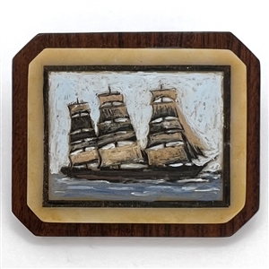 Three Galleon ships with five sails painted studio button by Gary Peterson.