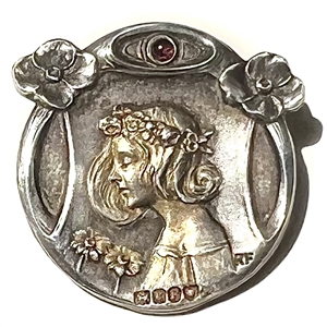 Stunning Art Nouveau Hallmarked silver button of a woman with flowers. 