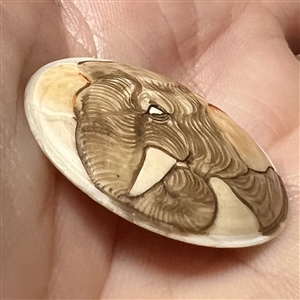 Carved natural material button of an elephant.