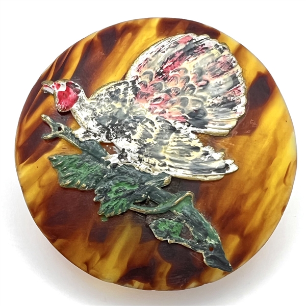 Huge tortoise shell (?) button with enamel turkey.