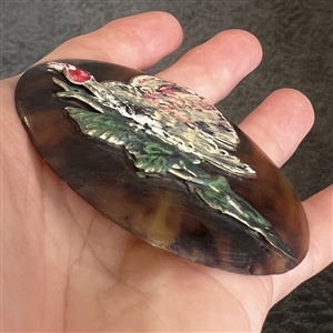 Huge tortoise shell (?) button with enamel turkey.