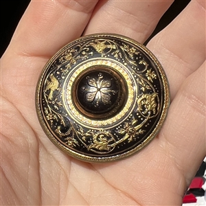 Large damascene button with great border of birds and flowers.