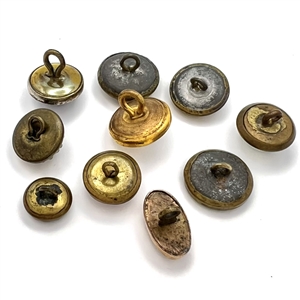 Ten glass in metal weskit buttons including a Cheshire and a Saphiret.