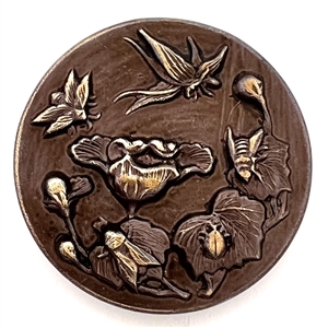 Dark lavender tinted metal button of five insects.