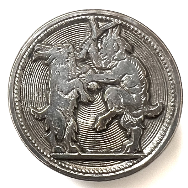 Unusual mythology button of a satyr and dancing goat.