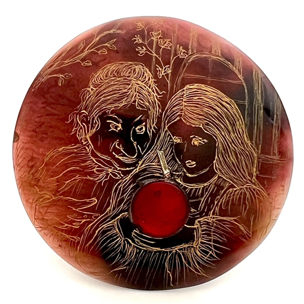 Large Nancy DuBois pina shell studio button of “Snow White takes the Apple."