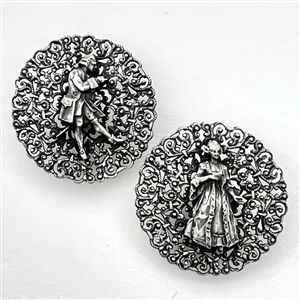 Two French white metal buttons of a courting couple.