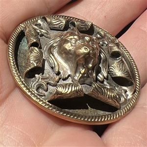 Brass button of a lion's head bursting through.