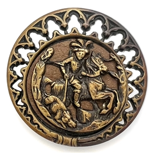 “Boar Hunter" Brass button with wood background.