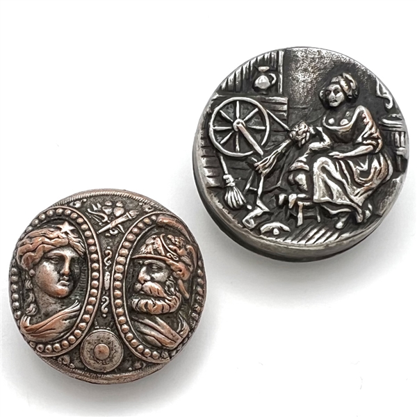 Two stamped and silvered brass buttons - one is “Bedtime Story."