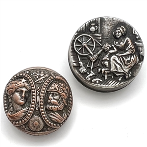 Two stamped and silvered brass buttons - one is “Bedtime Story."