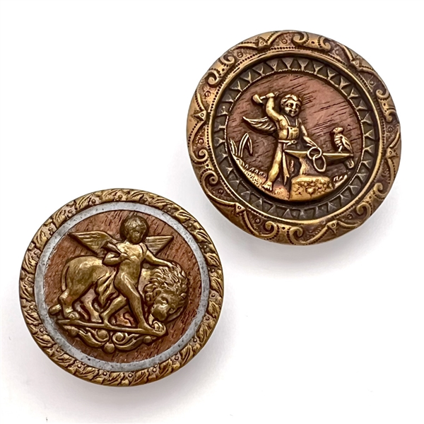 Two brass buttons with wood backgrounds of Cupid.