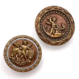 Two brass buttons with wood backgrounds of Cupid.