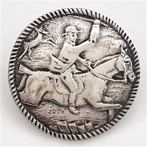 Dutch silver button of hunter riding horse with deer in background.