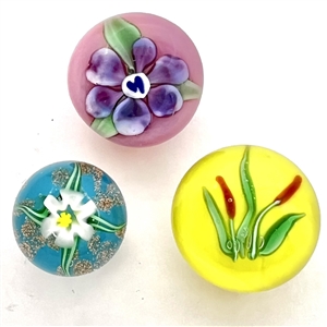 Three glass paperweight studio buttons of plant life.