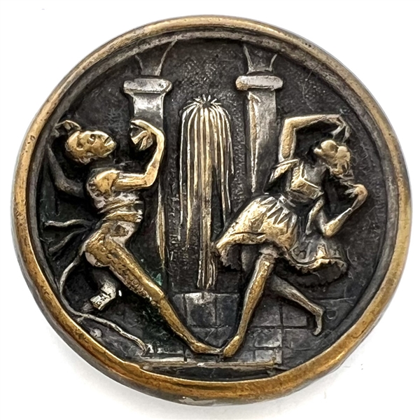 Unusual brass stud of monkeys dancing.