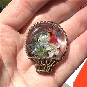 FANTASTIC basket of flowers with red cardinal glass studio button by Mary Gaumond.
