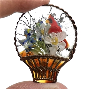 FANTASTIC basket of flowers with red cardinal glass studio button by Mary Gaumond.
