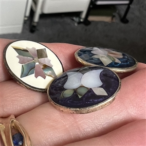 Three Mother of pearl and abalone inlay in Mexican silver buttons of flowers.