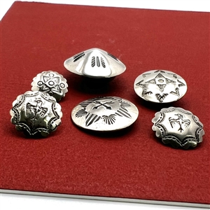 Six modern Native American silver buttons with assorted images.