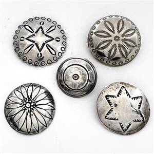Five modern Native American silver buttons with assorted images.