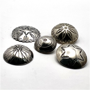 Five modern Native American silver buttons with assorted images.