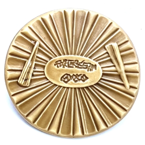Extra large Vintage celluloid button of a fan with Asian verbal.