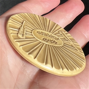 Extra large Vintage celluloid button of a fan with Asian verbal.
