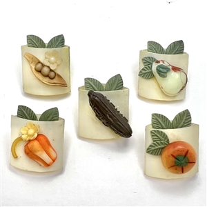 Set of five Weeber Vintage celluloid buttons of fruit and vegetables. 