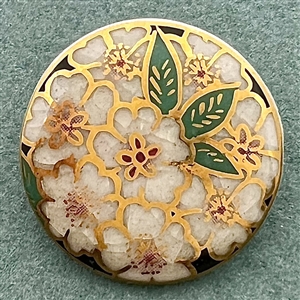 Modern Satsuma button of a white cherry blossoms.
