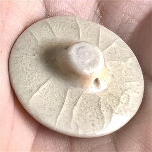 Modern Satsuma button of a white cherry blossoms.