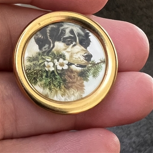 Adorable Rottweiler bringing flowers button.