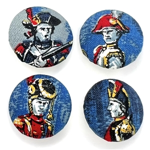Four printed fabric buttons of soldiers.