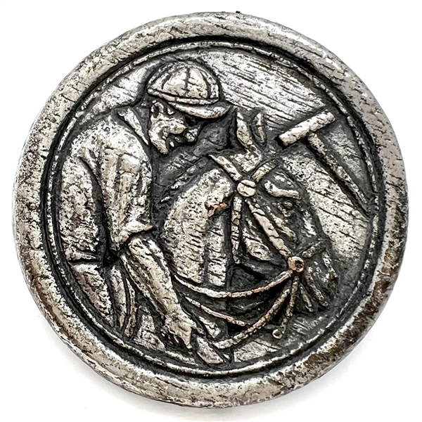 HUGE metalized Burwood button of a jockey and horse.